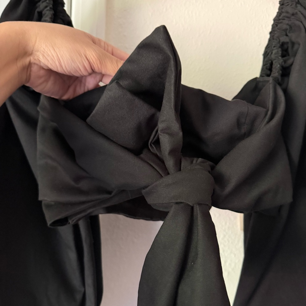 MEGAN RENEE black‎ tie front square neck puff long sleeve cropped blouse top - Picture 2 of 5
